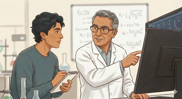Una ilustración digital que muestra una escena de mentoría científica. Un investigador experimentado de tez morena, canoso y con gafas, viste una bata blanca y señala con entusiasmo unos gráficos de datos en un monitor de computadora. A su lado, un estudiante joven, también de apariencia latina, escucha atentamente la explicación mientras sostiene una libreta y un bolígrafo, listo para tomar notas. El entorno es un laboratorio moderno con equipo de vidrio sobre las mesas y una pizarra blanca al fondo cubierta de ecuaciones físicas y diagramas.